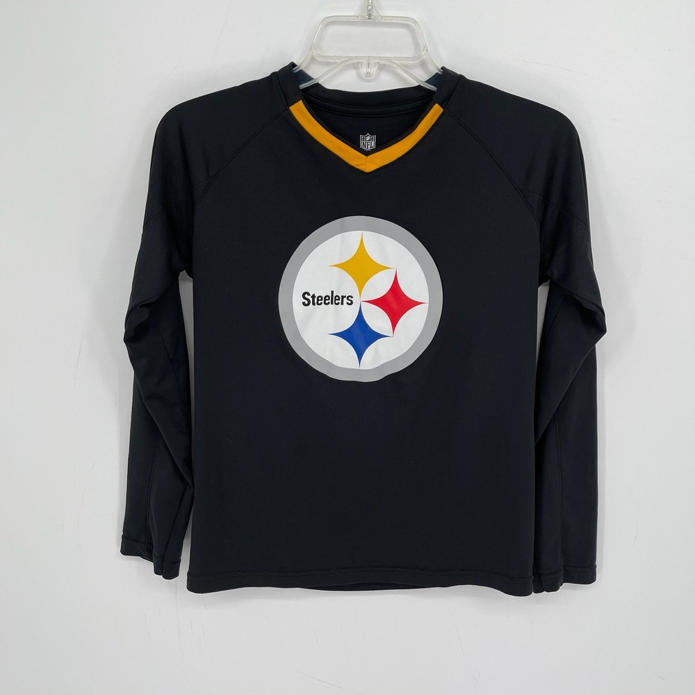 NFL Boy's Black V-Neck Pittsburgh Steelers‎ Graphic Long Sleeve T-Shirt M 10-12